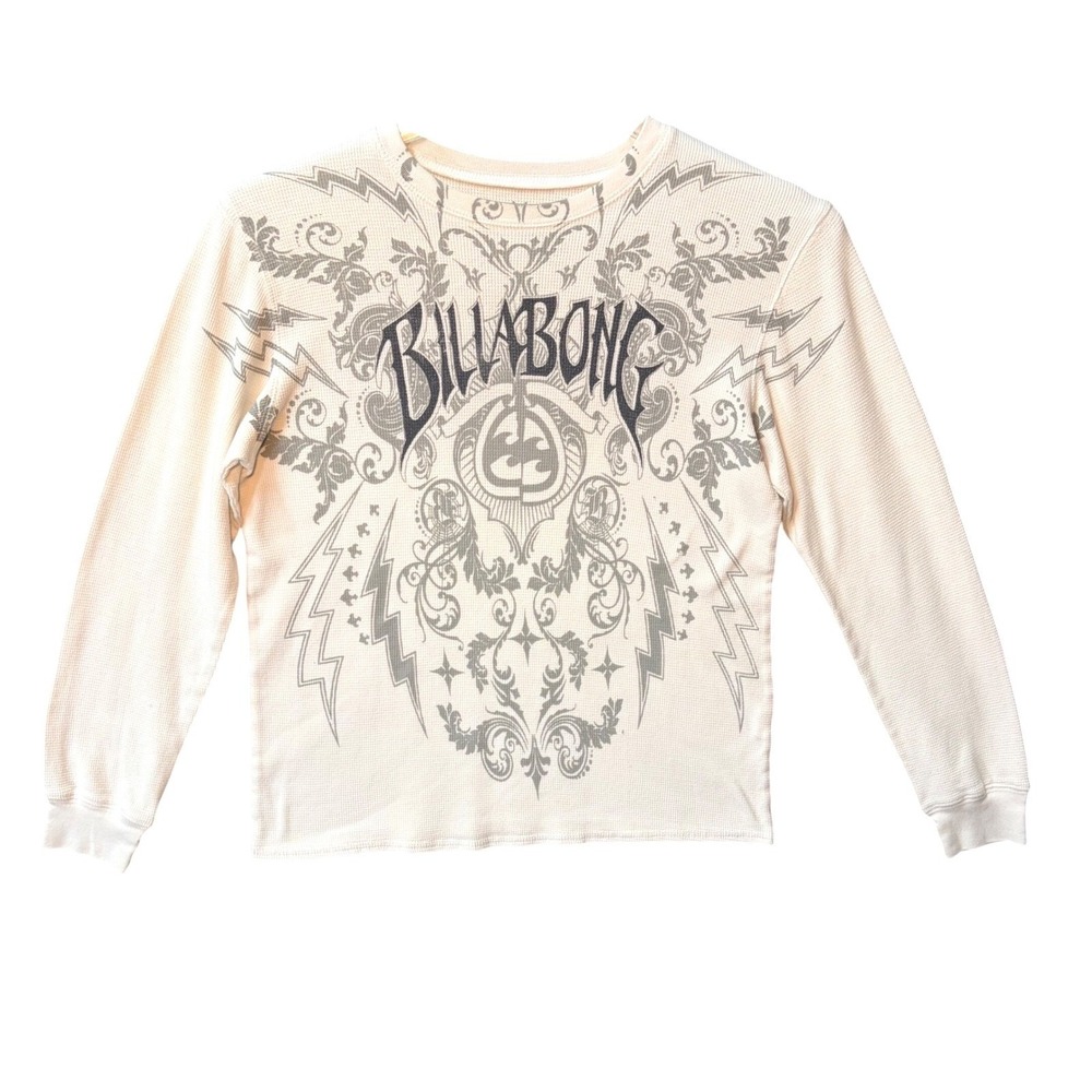 Billabong Thermal Shirt Mens Med Off White Y2K Graphic Long‎ Sleeve Waffle